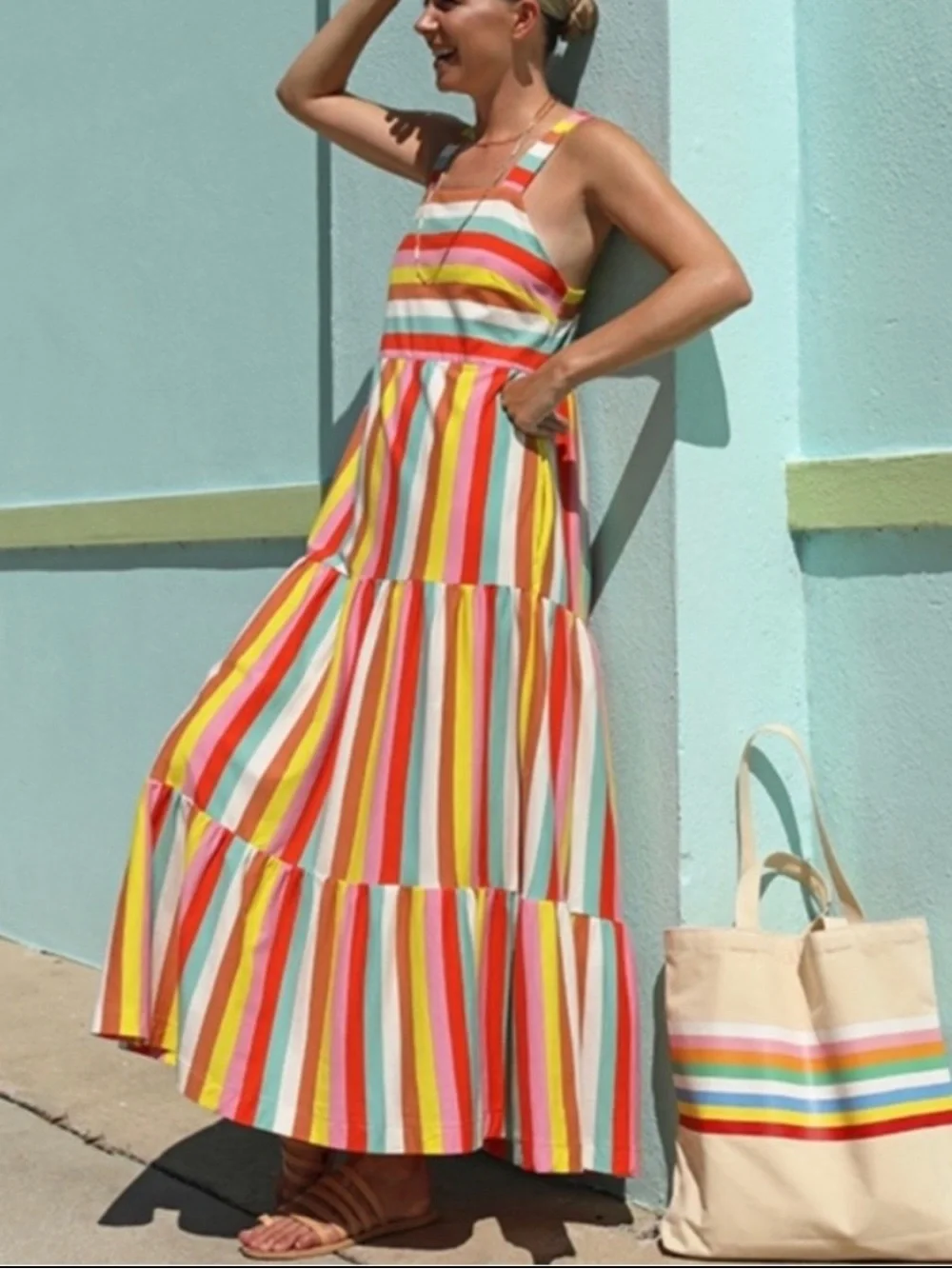J. Crew Maxi Dress Rainbow Stripe Colorful Cotton Square Neck New Size Medium
